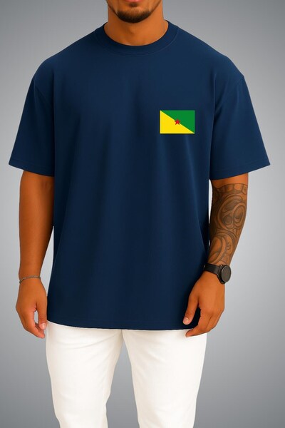 Bahriyeli Collection Oversize French Guiana Flag Pocket Printed Unisex T-Shirt