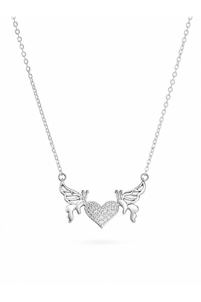 serelya 316L Steel Silver Color Zircon Stone Wing Heart Model Women's Necklace