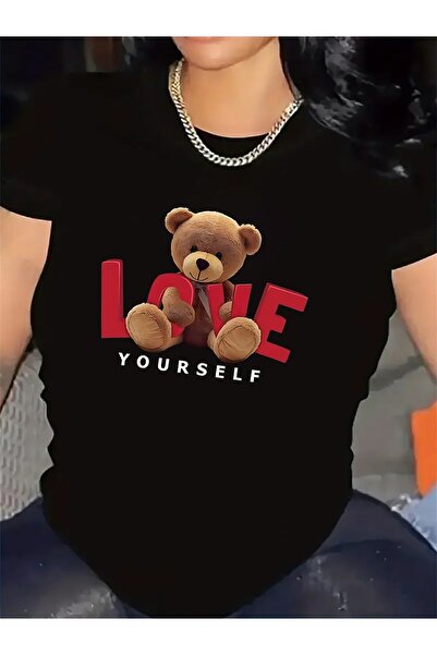 17TAKI Short Sleeve T-Shirt Women with Love Yourself Teddy Bear Design, cotto...
