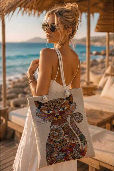 Store Aquasis Mandala Kedi Desenli Premium Omuz Çantası