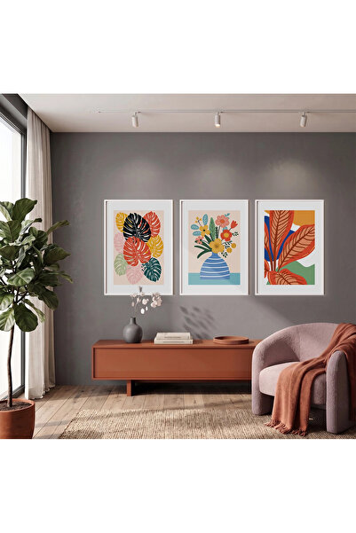 KOLAJTASARIM Set de trei tablouri cu ramă din lemn alb — Poster tropical mode...