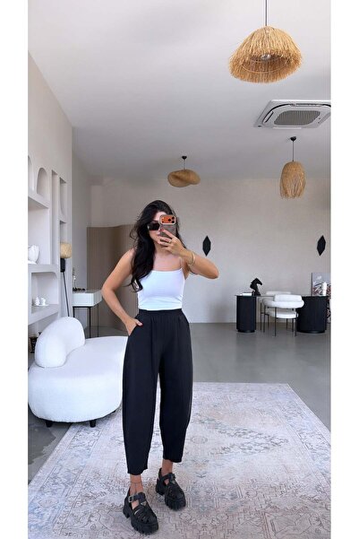 Buket Teke Black Elastic Waist Baggy Washed Tencel Fabric Premium Trousers
