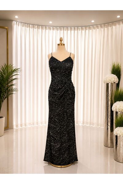 Premium Abiye Askılı Drape Detaylı Balık Model Yırtmaçlı Abiye Elbise