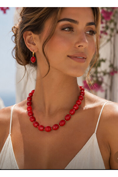 TARZ-I TAKI İnci̇ Mallorca Red Earrings and Necklace Set Beyzi Cut Women's Ne...