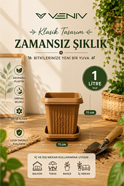 VENİV Dekoratif Antik Kare Alt Tabaklı Saksı 1 Litre 1 Adet