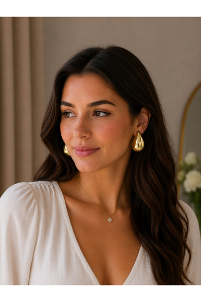 ZS Aksesuar Gold Drop Earrings Large Size Mirrored Shiny Minimal Women's Earr...