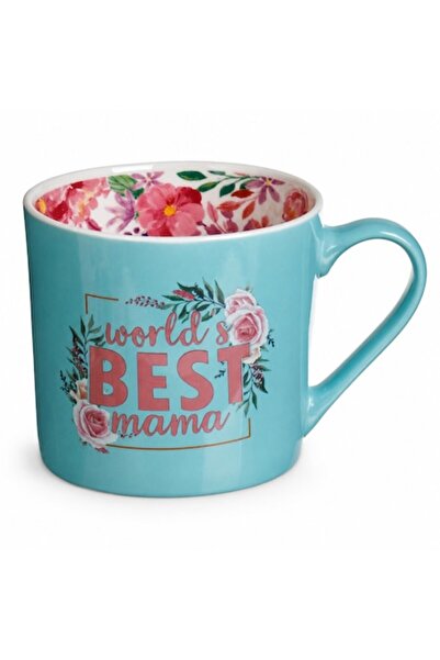 SHOPIENS Cană ceramică turcoaz Cea mai bună mamă 380ml Cu interior floral mul...