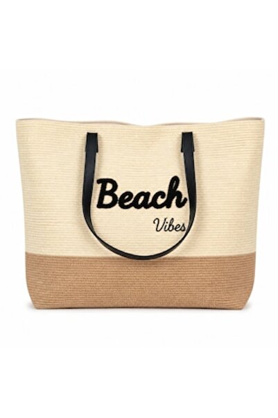 SHOPIENS Geantă de plajă Beach Vibes Ecru Bej cu imprimeu și cusături negre, ...