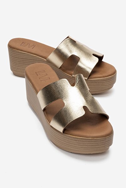 LuviShoes Papuci de damă LIA din piele naturală, cu toc cu pană, culoare aurie