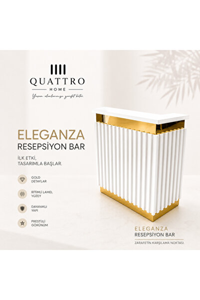 QUATTRO HOME Eleganza Beyaz Gold Resepsiyon Bar - Lamel Yüzeyli Modern Karşıl...