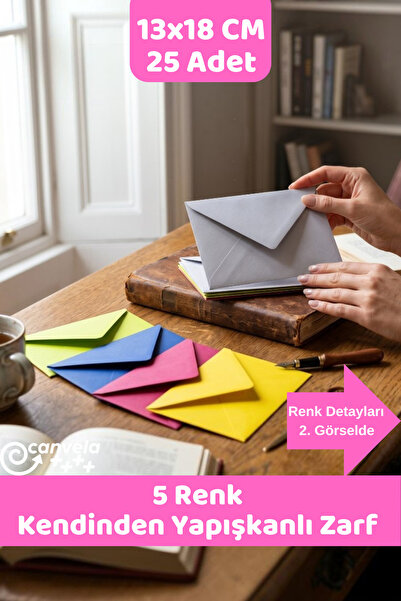 CANVELA Premium Yapışkanlı Zarf 5 Renk (Sarı, Fuşya, Fıstık Yeşili, Mavi, Gri...