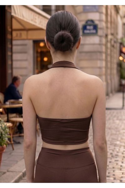 WAYS Women's Brown Halter Neck Diver Fabric Backless Crop Top Beach Sea Casual Summer Outfits