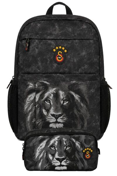 Galatasaray Double School Bag and Pencil Case Set Gray - Black (Lion Printed)...
