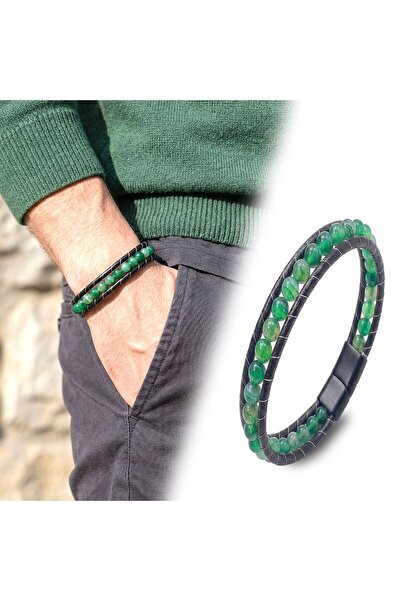 OGHAMAY 6mm Green Agate Stone Leather Cord and Steel Bracelet 18392B2D6M6