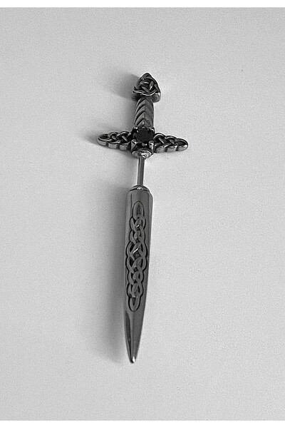 Viking İşlemeli Kılıç Sword Siyah Zirkon Taş Çivi Model 316L Paslanmaz&Kararm...