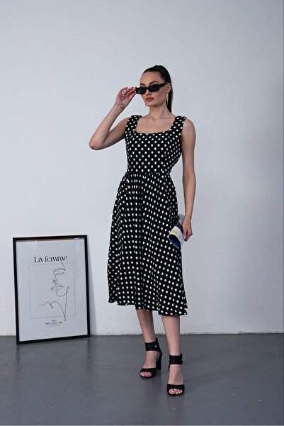 sharin Women's Square Collar Summer Strap Midi Length Polka Dot Patterned Dre...