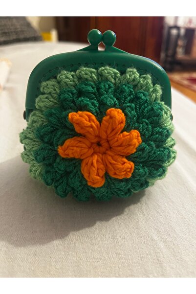 lunera Hand Knitted Flower Detailed Coin Purse 100% Cotton Green Orange Clip ...