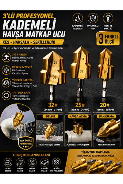 Genel Markalar 3'lü PPRC Plastik Boru Traşlama Ve Rayba Aparatı Seti Matkap U...