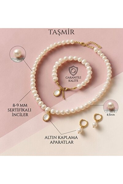 Taşmir Sertifikalı Gerçek İnci Kolye Bileklik Küpe Set - 14 K Altın Kaplama A...
