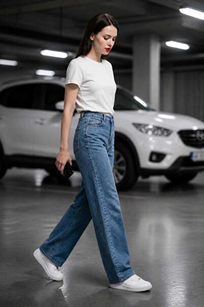 Lyra - Denim, Likralı Yüksel Bel, Bol Paça, Salaş Kadın Kot Pantolon