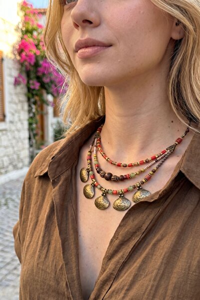 bacc Earth Tone Ethnic Patterned Three Rows of Beads and Stones Handmade Bohe...