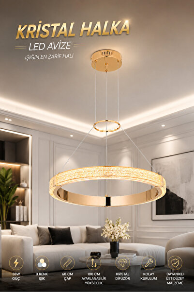 Elvora Home Modern (PREMİUM) Gold Kristal LED Sarkıt Avize Salon Oturma Odası...