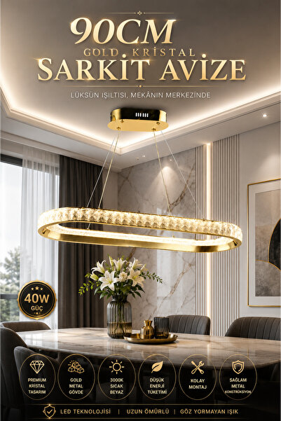 Elvora Home Modern (PREMİUM) Gold Kristal LED Sarkıt Avize Oval Tasarım Salon...