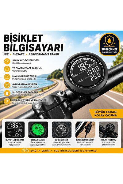 Genel Markalar 🚴 Bisiklet Bilgisayarı KM Saati Hız ve Mesafe Ölçer Su Geçirm...