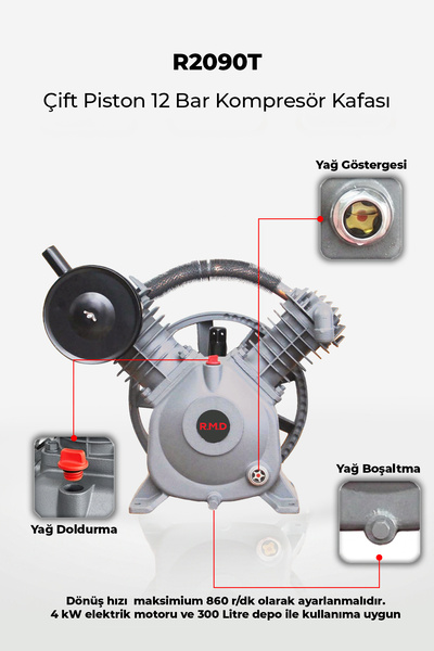 R.M.D Kompresör Çift Piston 12 Bar Kompresör Kafası R2090T