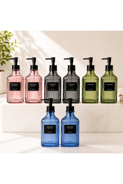 Arsimo Modern Line Patterned Glass Soap Dispenser & Detergent Dispenser Set -500 Ml-Black-Navy Blue-Pink-Green