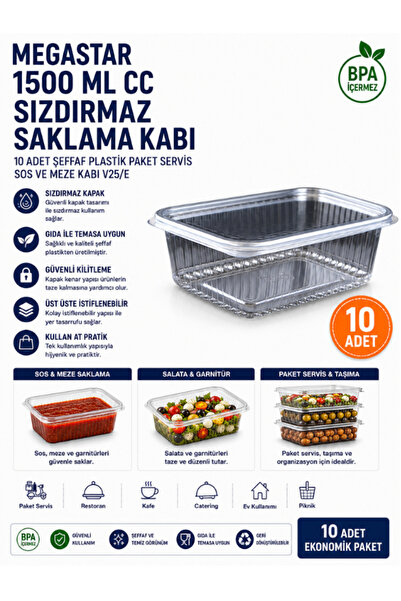 1500 ML CC Sızdırmaz Saklama Kabı Kase 10 Adet Şeffaf Plastik Paket Servis Sos Ve Meze Kabı V25/E