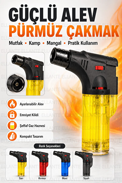 ellante Pürmüz Çakmak Ayarlanabilir Alevli Emniyet Kilitli Şeffaf Gaz Hazneli...