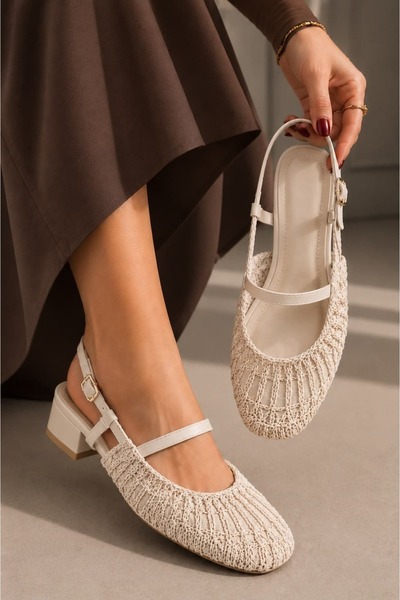 Ayakkabı Consept Women's Straw Weave Detailed Open-Back Heeled Sandals with B...