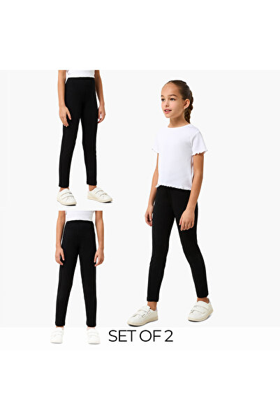 Juniors Pack of 2 Black Cotton School Leggings with Elastic Waistband - Girls