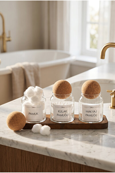 zezedesing 3-Piece Glass Bathroom Organizer Set with Wooden Stand – Cotton Sw...