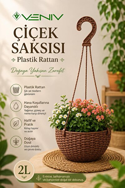 VENİV Tabaklı Askılı Rattan Makrome Saksı 2 Litre