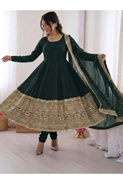 MYSMAR Green Roman Silk Anarkali Gown Set - HRT8685 | Green