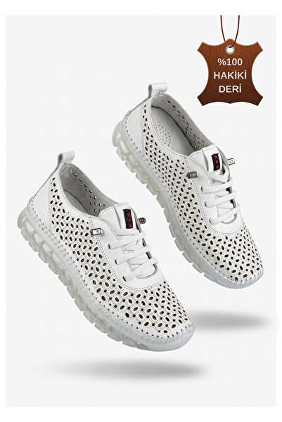 Zerenyus Otja White Genuine Leather Laser Laced Orthopedic Sports Shoes