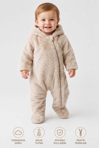 Cantoy Baby Plush Astronaut Jumpsuit Cream Color Hooded Eared Footed Winter Wear