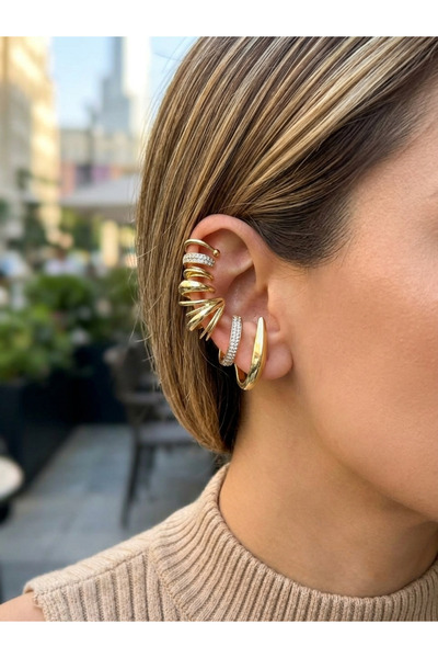 MuseumofYou Çoklu Görünüm Tek Delik Earcuff Küpe, Gold Renk, Zirkon Taşlı, Sa...