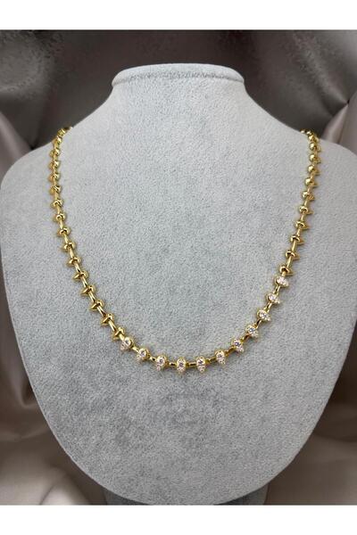 ZS Aksesuar Gold Color Stone Chain Necklace Women's Gold Zircon Detailed Styl...
