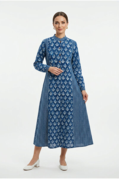 OEM Rochie tip camasa din bumbac imprimat manual Indigo