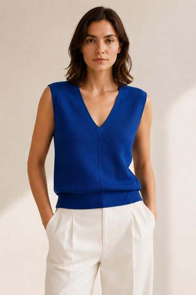 Ferraro Saks Blue V-Neck Back Tie Detailed 100% Cotton Women's Knitwear Blouse