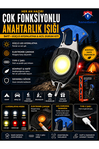 Hanedanev Şarjlı Kamp Feneri Anahtarlık El Feneri Elektronik Çakmak Type-C Şa...