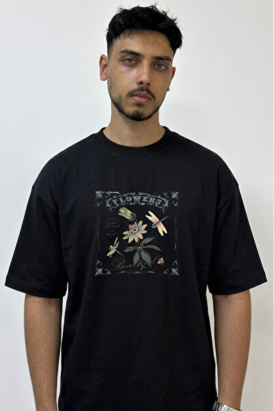 Anetos Vintage Botanical Art Design Printed Oversize Black T-Shirt