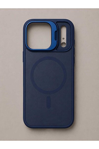 Case I PHONE 17 PRO Lacivert Deri Standlı Kılıf
