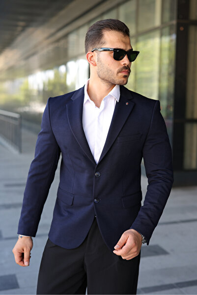 SABRİ ZENGİN Men's Navy Blue Slim Fit Double Button Blazer Jacket