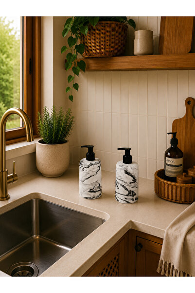 Zigzag Home طقم مطبخ مزخرف من قطعتين بنمط رخامي، طقم موزع صابون سائل ومنظف، ط...