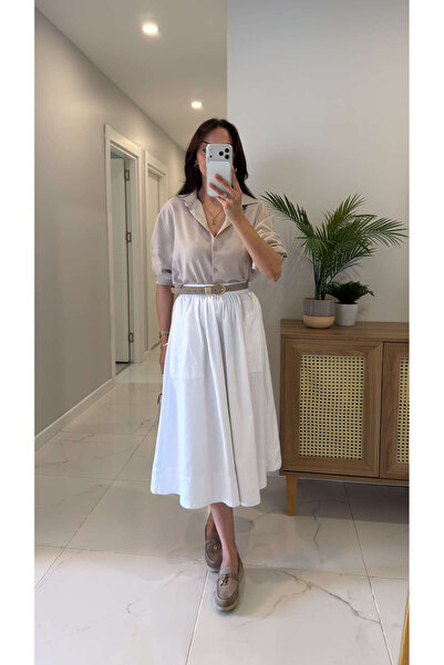 BİRCANÇİL Cs Kolla White Denim Skirt with Pocket Detail