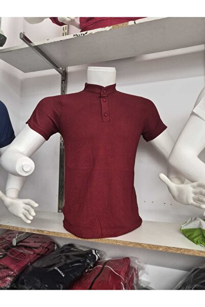 OEM Tricou bărbătesc din in, guler tunică, mânecă scurtă Visiniu